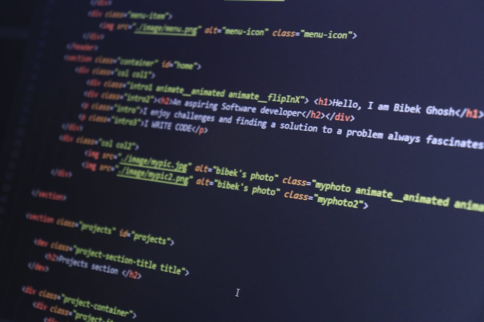 A computer screen displaying lines of HTML code with syntax highlighting in various colors including blue, orange, red, and yellow. The code includes tags such as <h1>, <div>, <a>, and <img>, with som